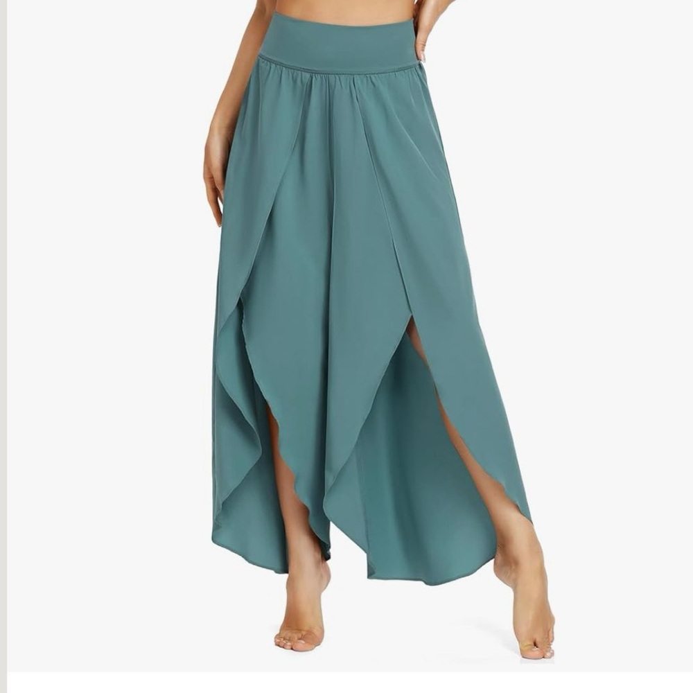 Teal Flowing Pants with Asymmetrical Slits